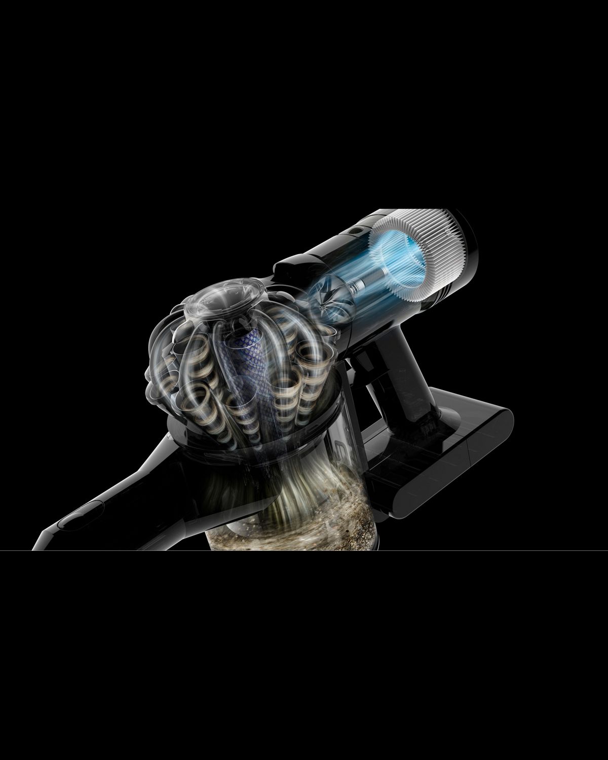 A cutaway of the filter in the Dyson Car+Boat handheld vacuum cleaner.